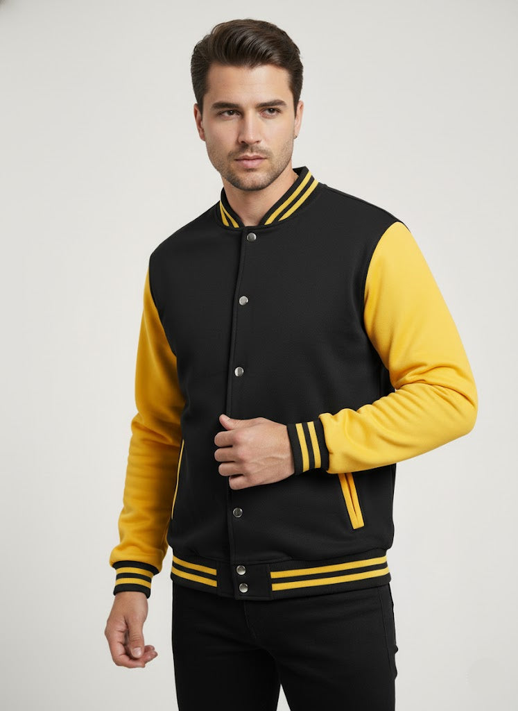 Snap-Button Varsity Jacket - Black