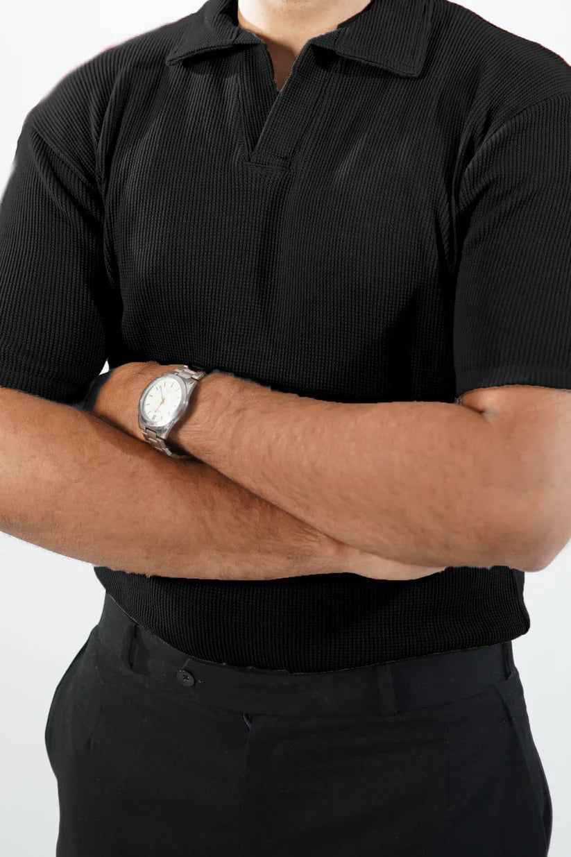 Waffle Knitted Polo - Black
