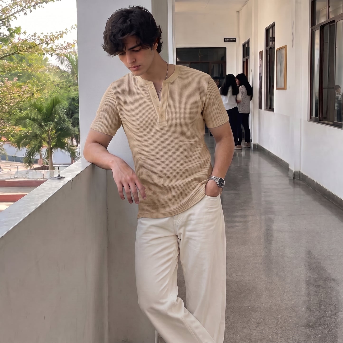 Waffle Knitted Henley Shirt - BIege - Half Sleeves