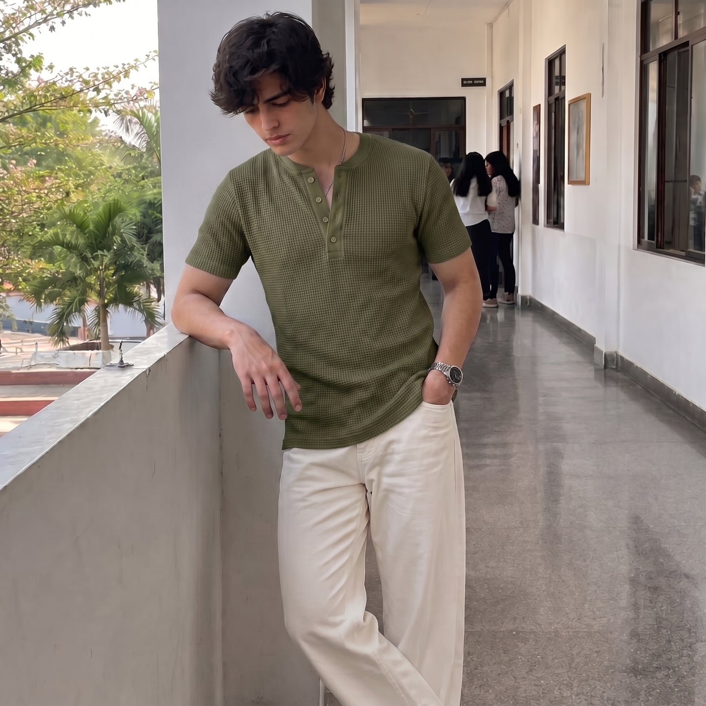 Waffle Knitted Henley Shirt - Olive - Half Sleeves