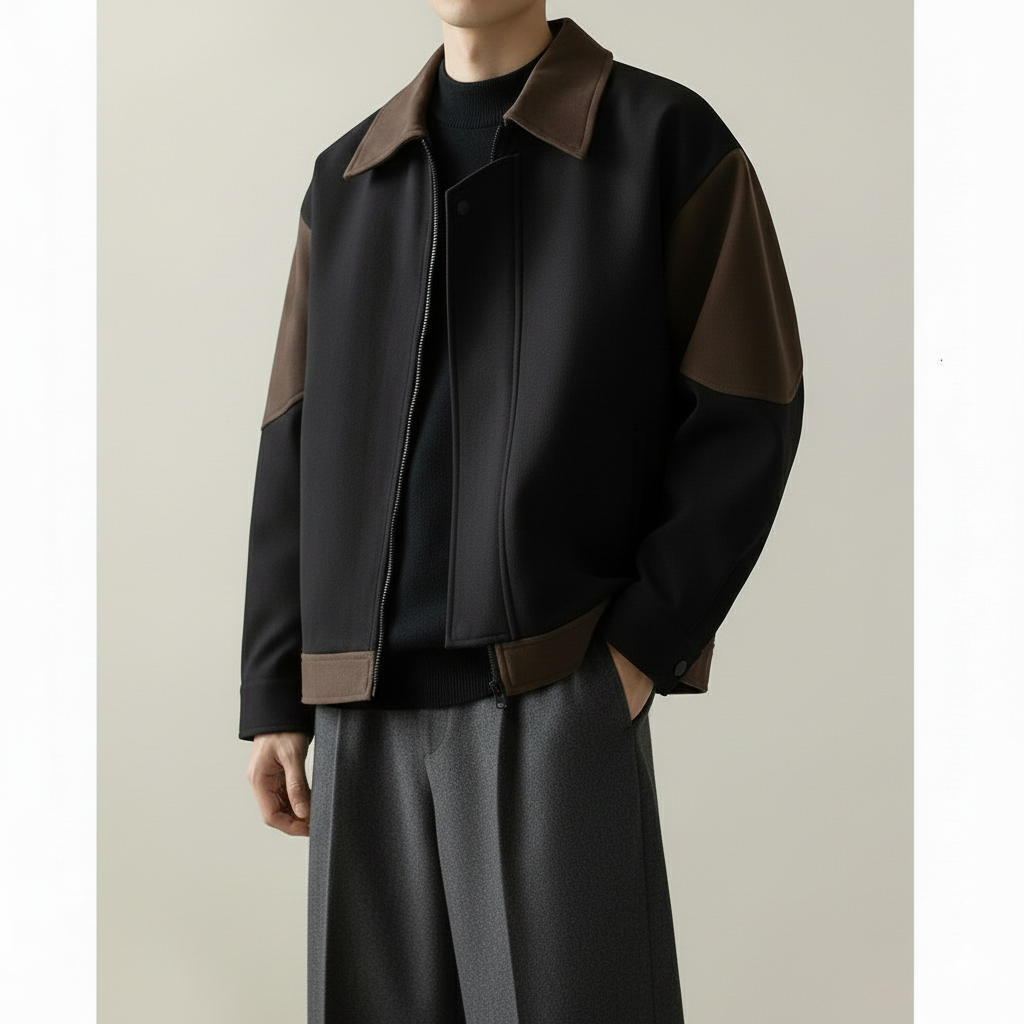 Contrast Panel Fleece Jacket - BLACK