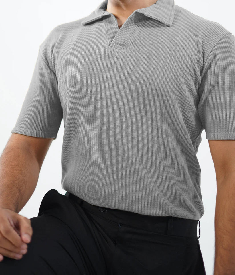 Waffle Knitted Polo - Grey