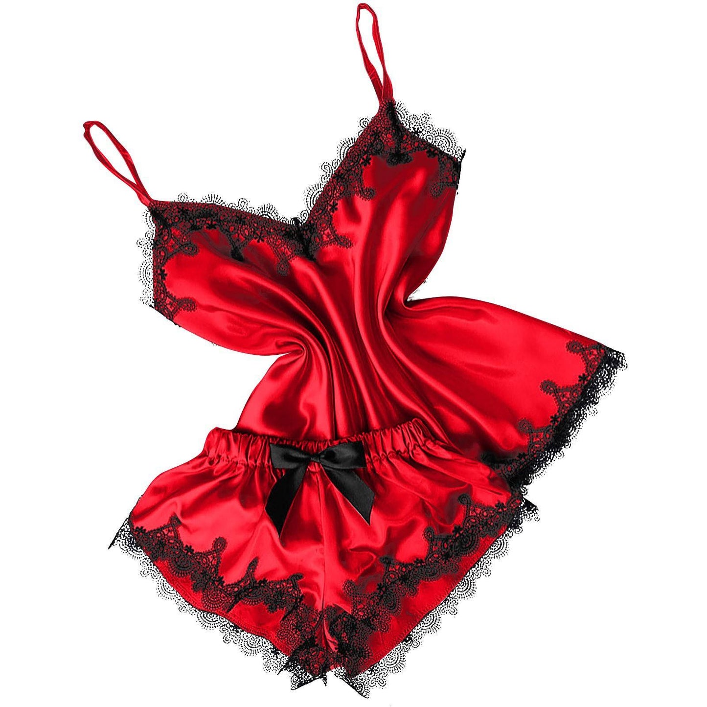 Short Satin Pajama Set With Lace- Redwine