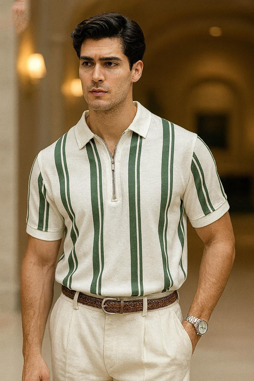 Linning Printed Zipped Collar - White