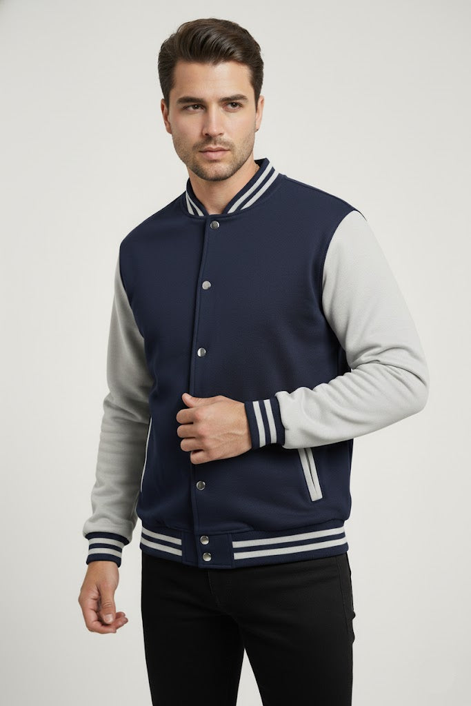 Snap-Button Varsity Jacket - Navyblue