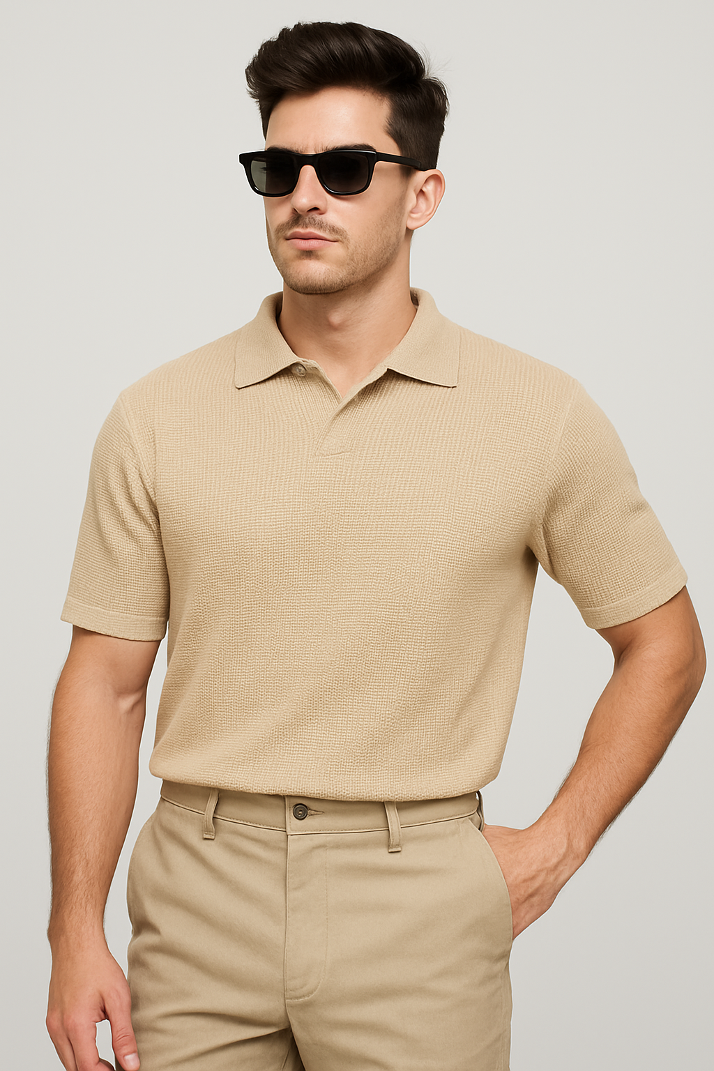 Waffle Knitted Polo - Biege