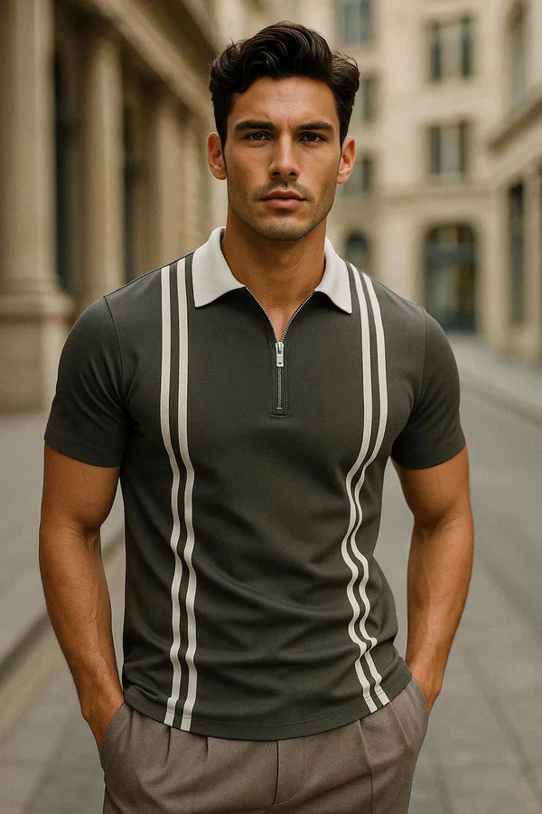 Zipper Striped Polo Shirt - Grey