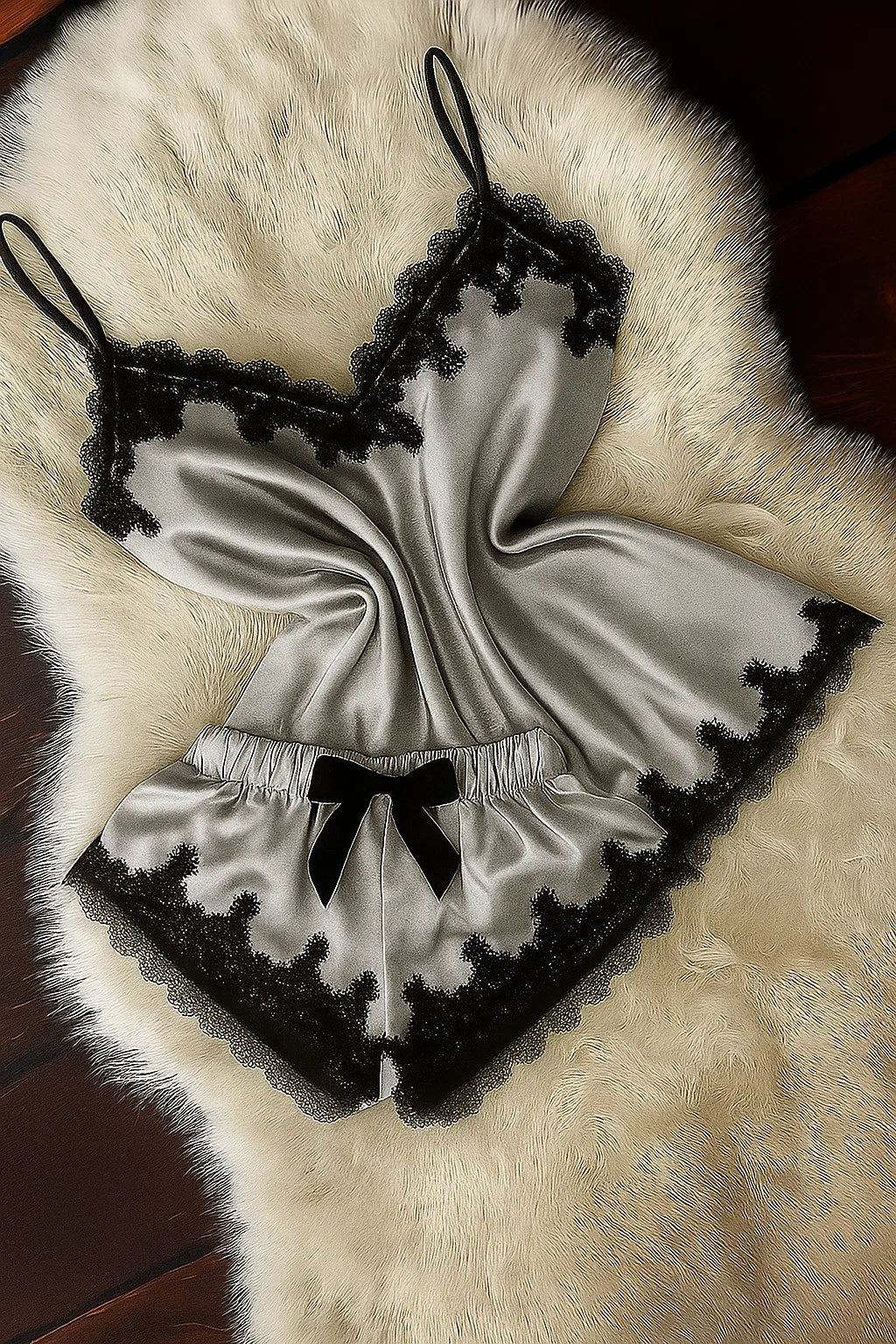 Short Satin Pajama Set With Lace- Grey