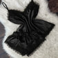 Short Satin Pajama Set With Lace- Black