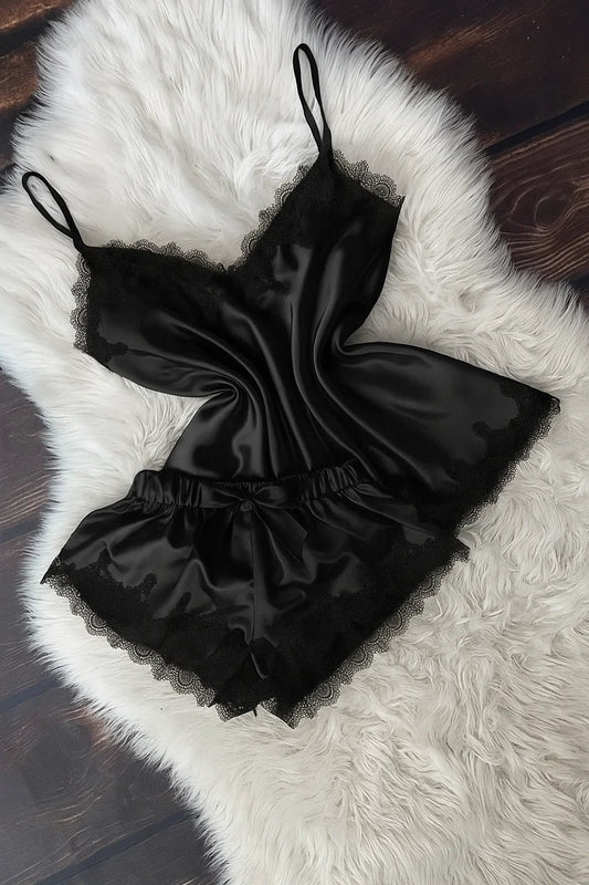 Short Satin Pajama Set With Lace- Black