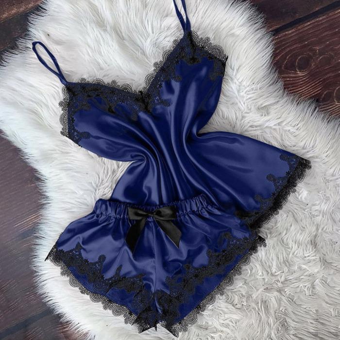 Short Satin Pajama Set With Lace- Navy