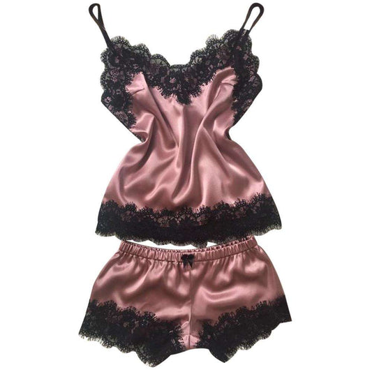 Short Satin Pajama Set With Lace- Tea Pink