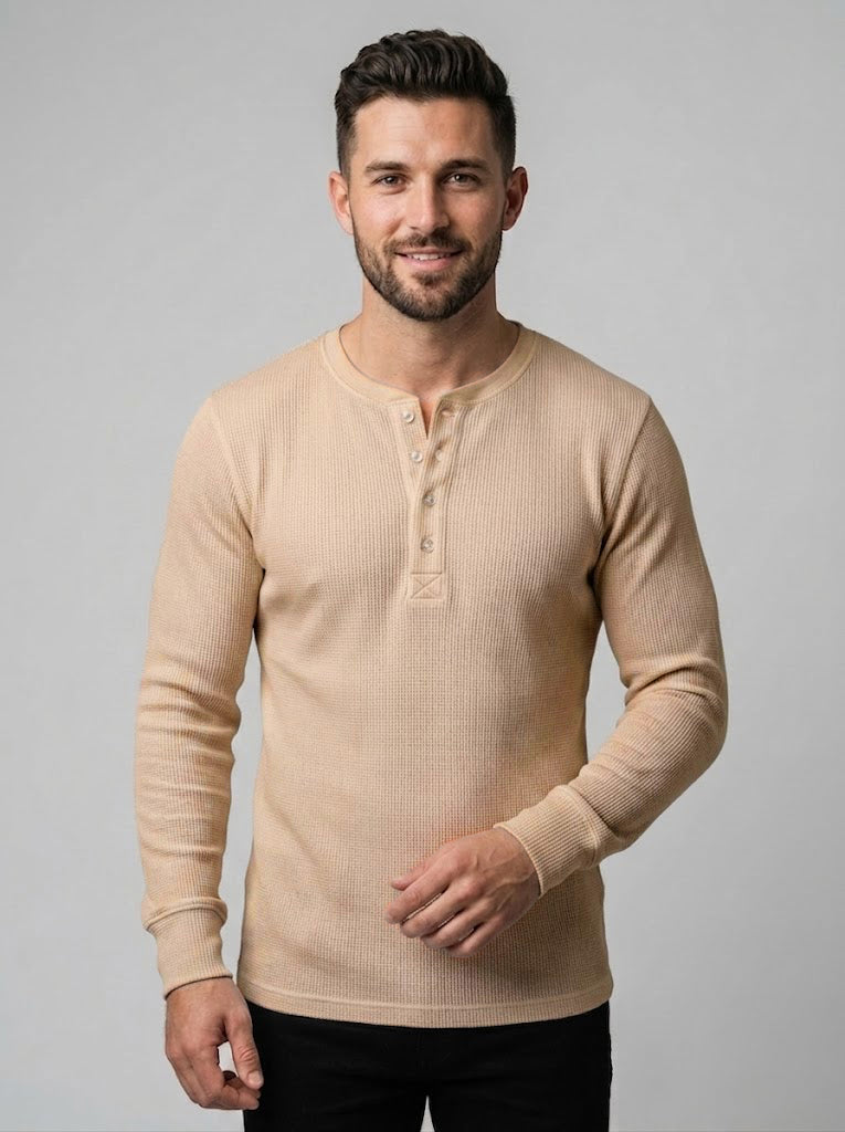 Waffle Knitted Henley Shirt - Biege (Summer)