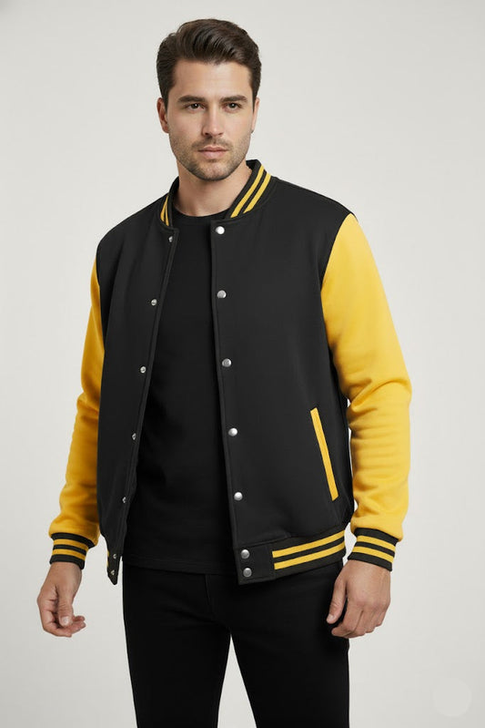 Snap-Button Varsity Jacket - Black