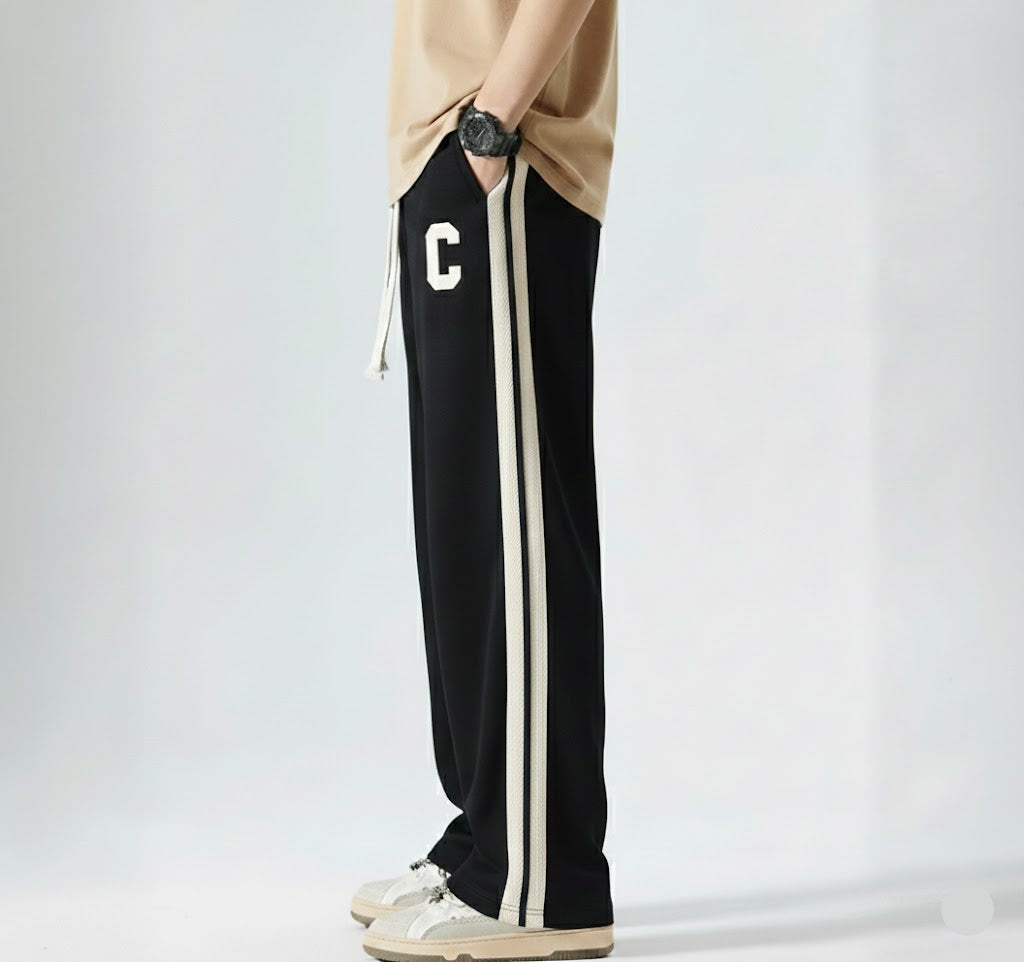 Side Stripe Embroidery Fleece Trouser - Black