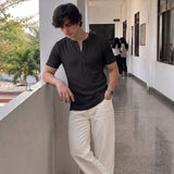 Waffle Knitted Henley Shirt - Black - Half Sleeves