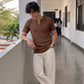 Waffle Knitted Henley Shirt - Brown - Half Sleeves