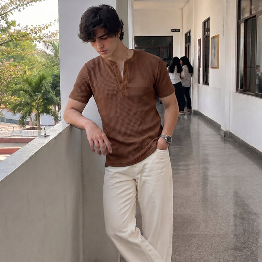 Waffle Knitted Henley Shirt - Brown - Half Sleeves