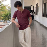 Waffle Knitted Henley Shirt - Maroon - Half Sleeves