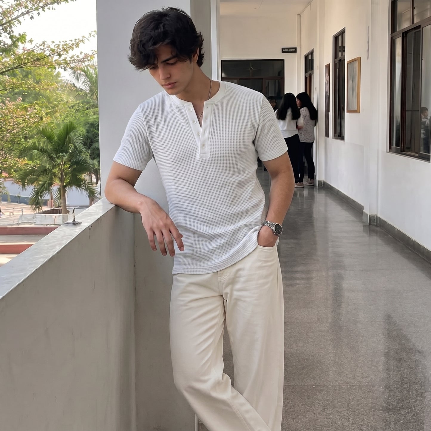 Waffle Knitted Henley Shirt - White - Half Sleeves