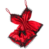 Short Satin Pajama Set With Lace- Redwine