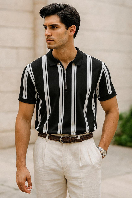 Linning Printed Zipped Collar T-Shirt - Black