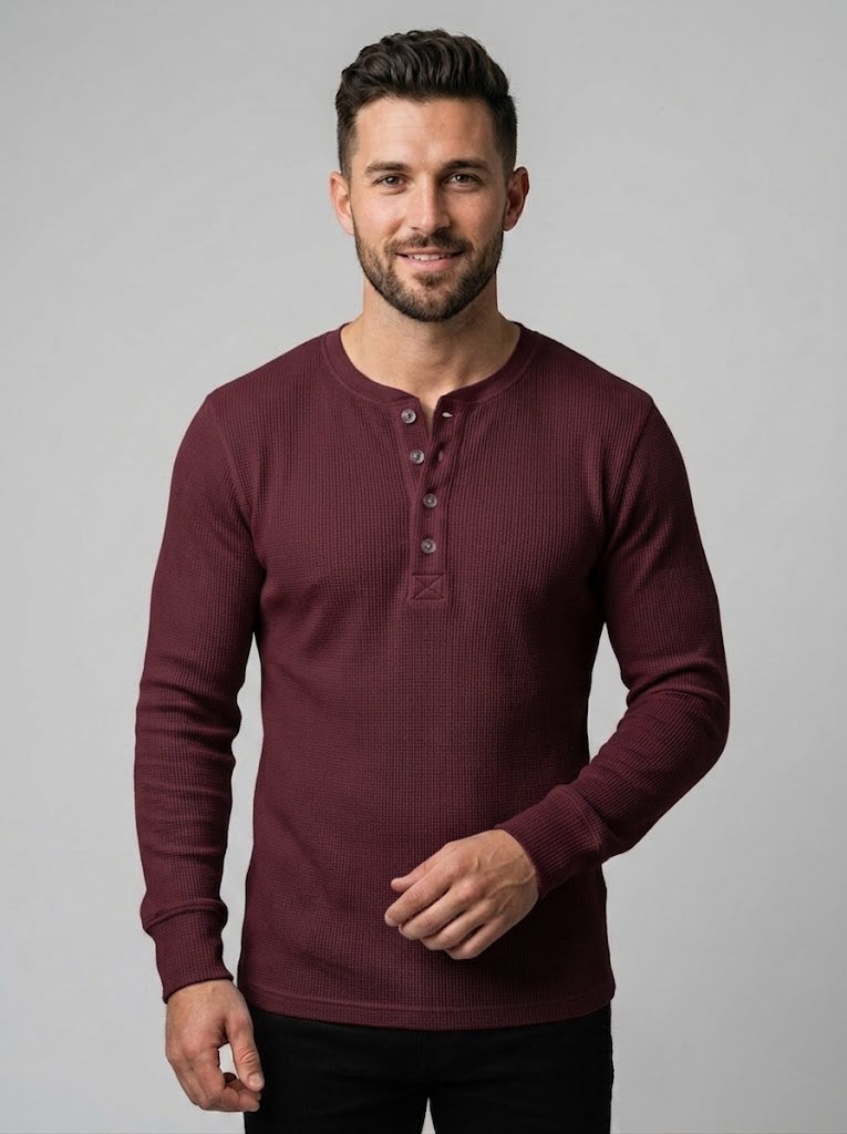 Waffle Knitted Henley Shirt - Maroon (Summer)