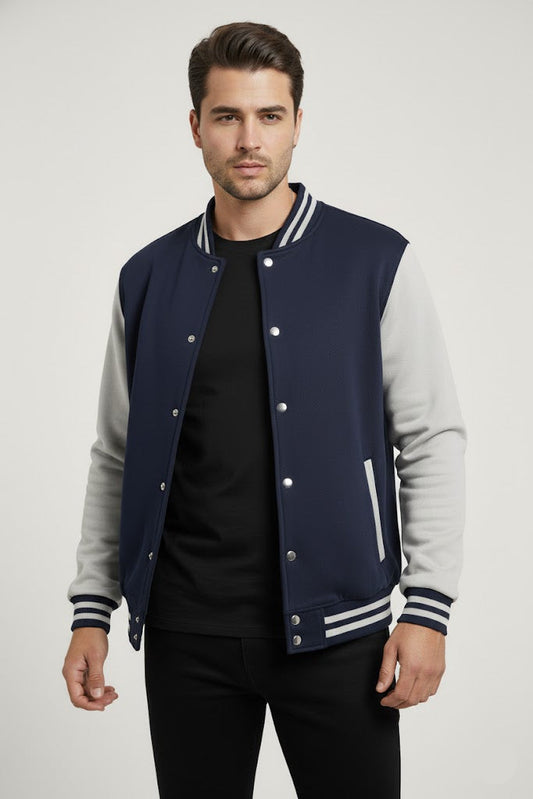 Snap-Button Varsity Jacket - Navyblue