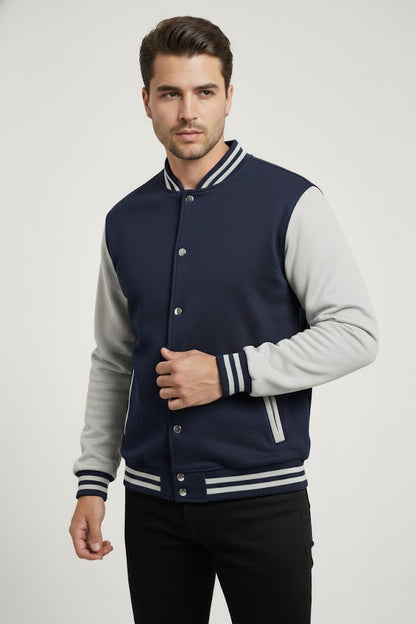 Snap-Button Varsity Jacket - Navyblue