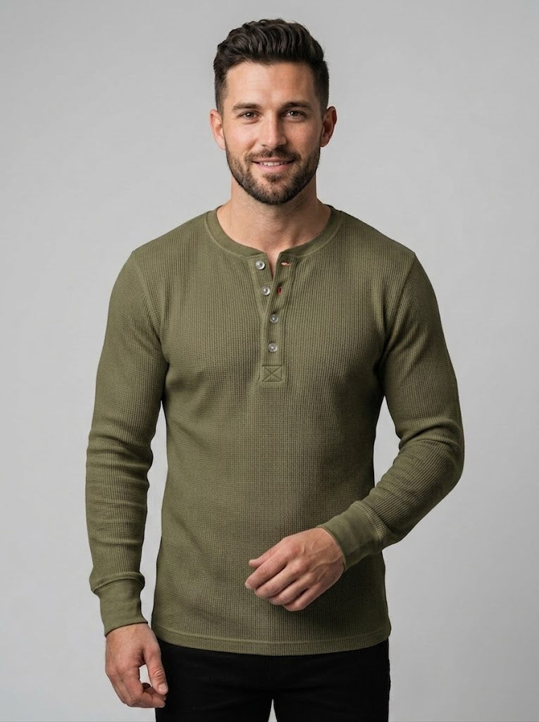 Waffle Knitted Henley Shirt - Olive (Summer)