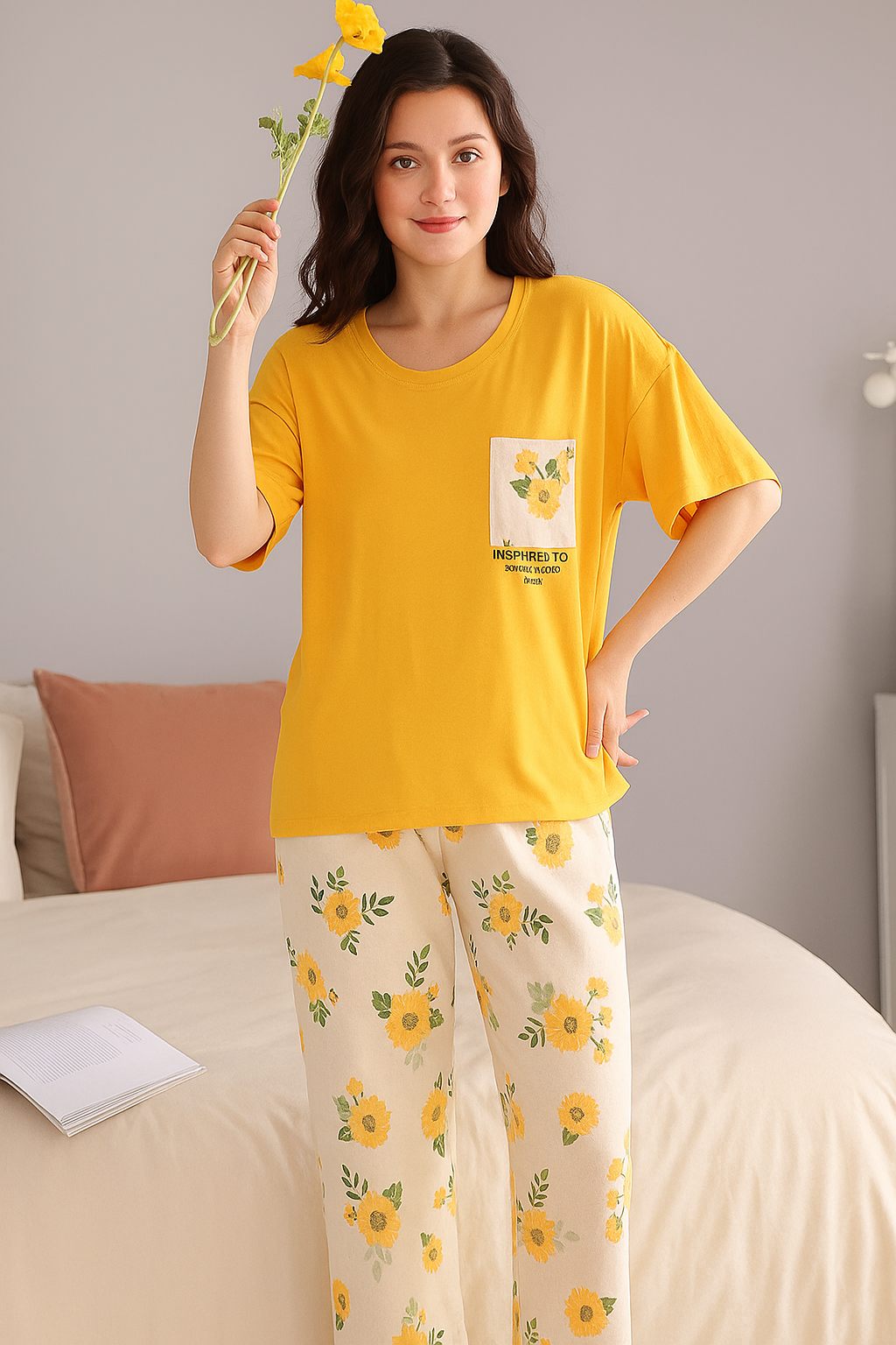 SR-POCKET PRINTED NIGHT SUIT - MUSTARD