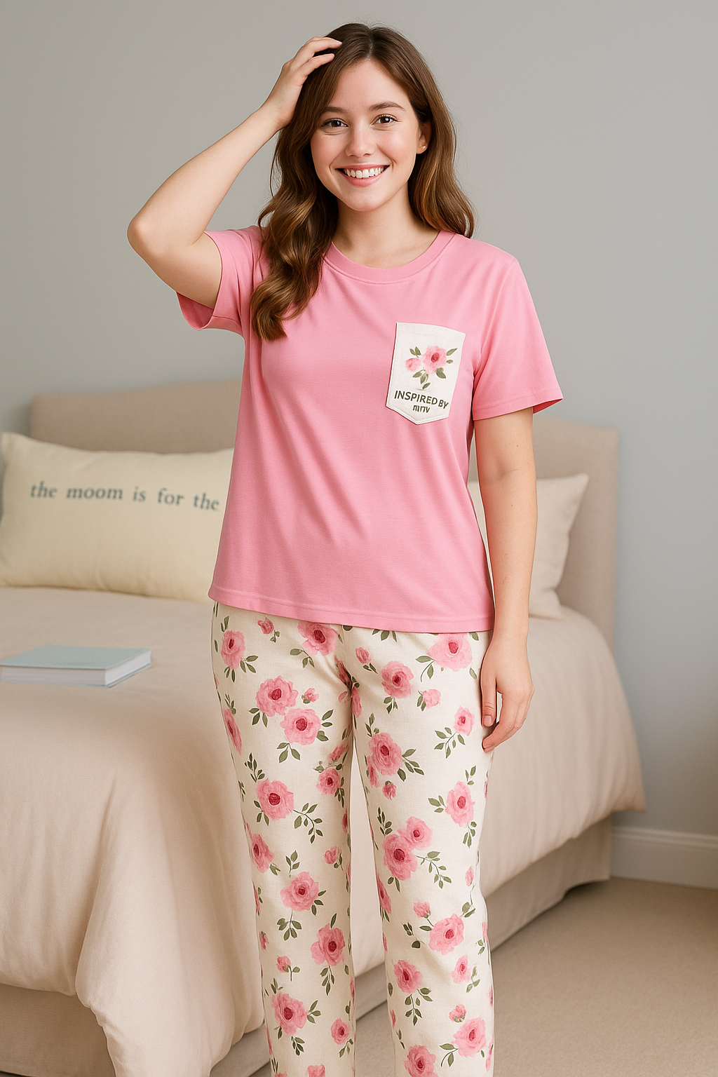 SR-POCKET PRINTED NIGHT SUIT - PINK