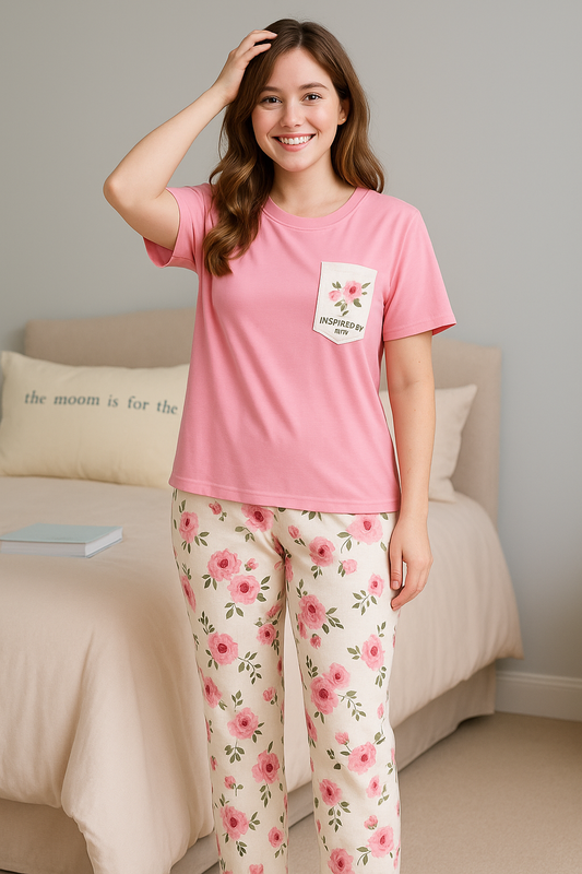 SR-POCKET PRINTED NIGHT SUIT - PINK