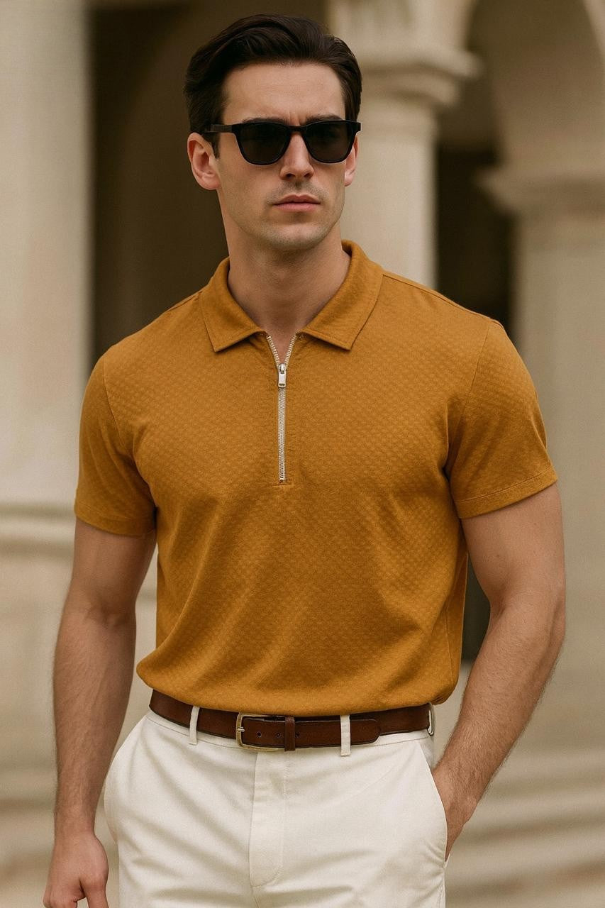 Textured Zipped Polo T-Shirt - Mustard