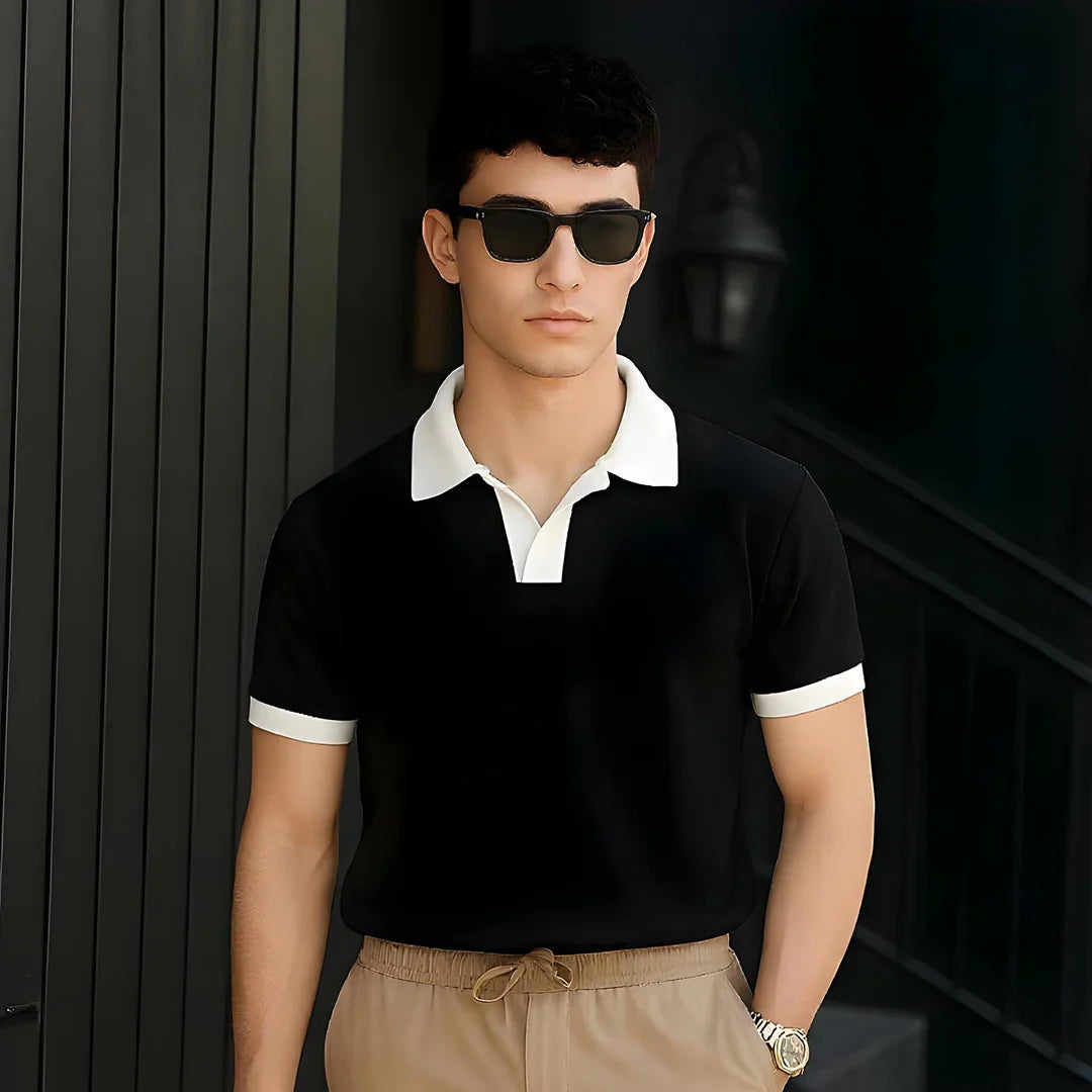 V NECK - Polo Shirt - Black