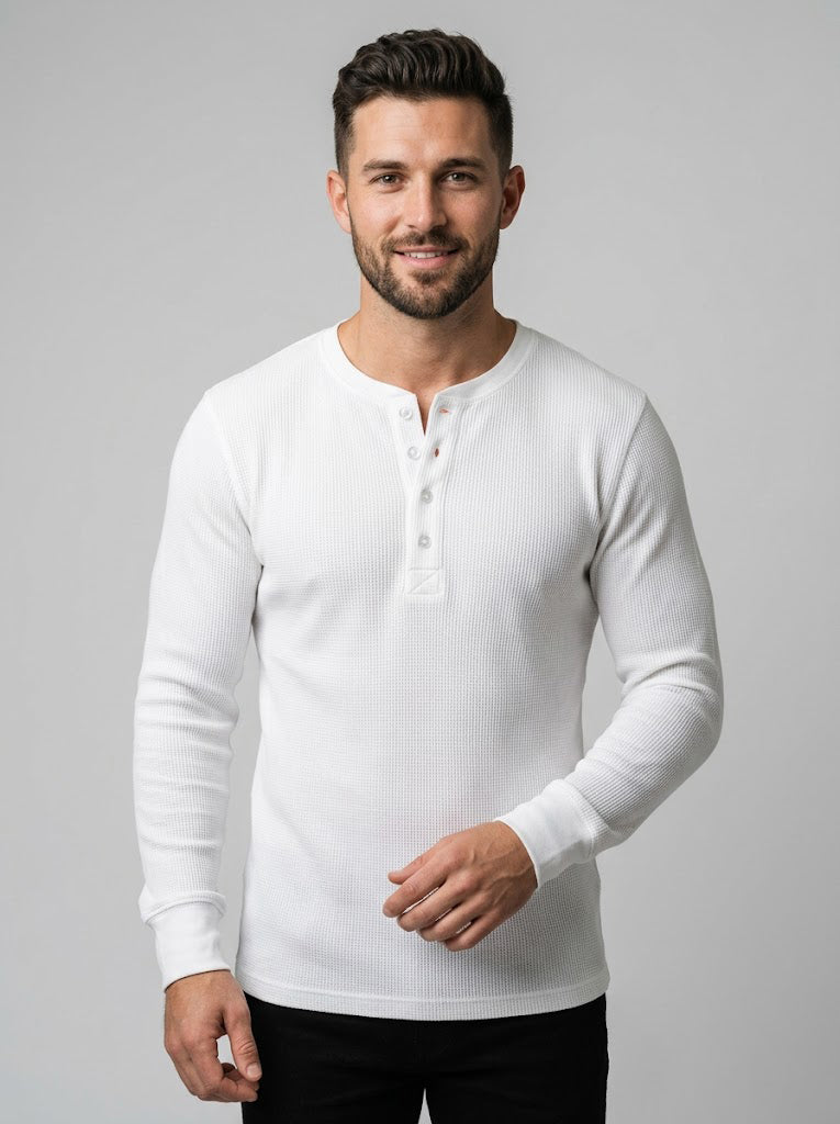Waffle Knitted Henley Shirt - White (Summer)