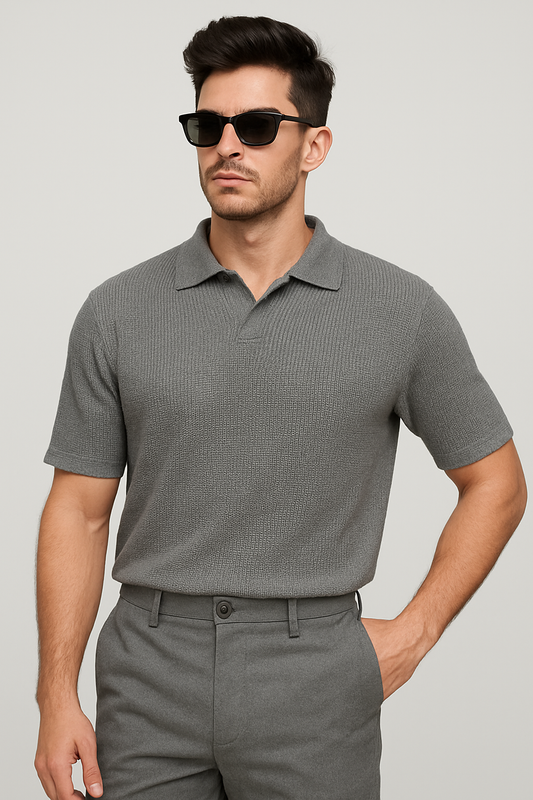 Waffle Knitted Polo - Charcoal