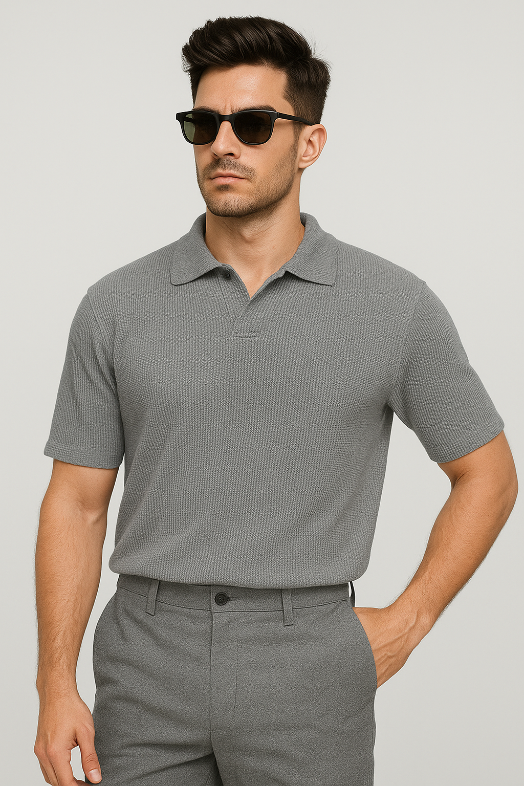 Waffle Knitted Polo - Grey