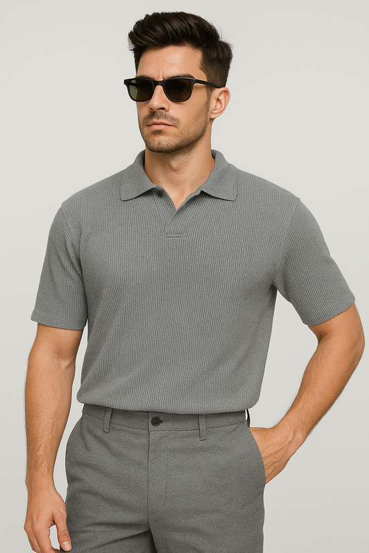 Waffle Knitted Polo - Grey