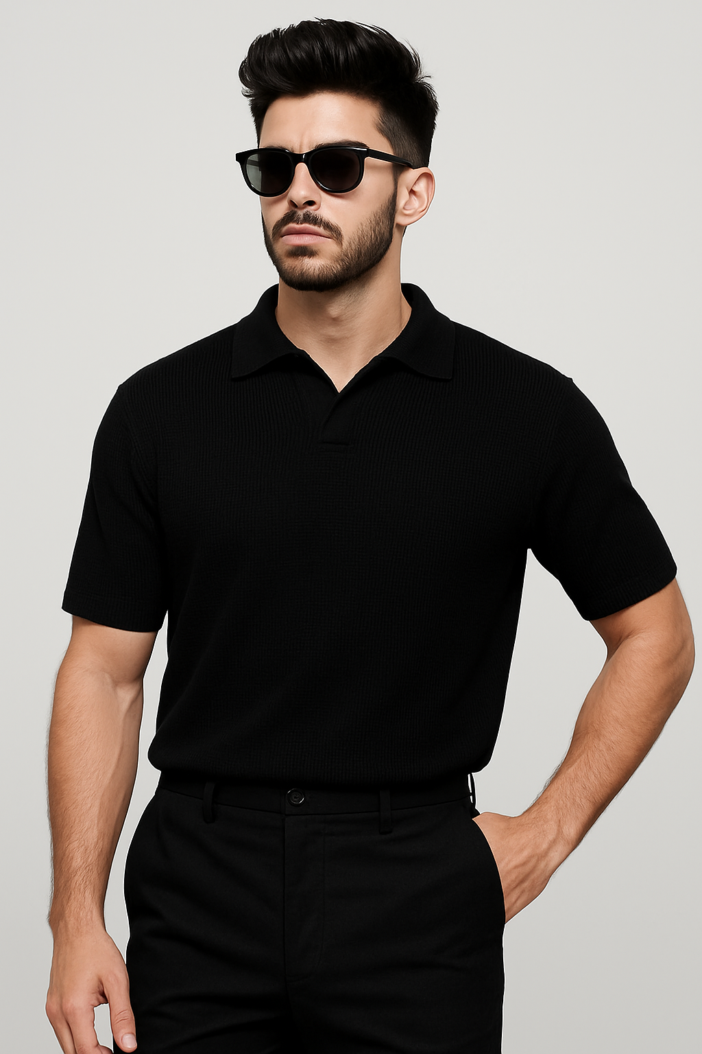 Waffle Knitted Polo - Black