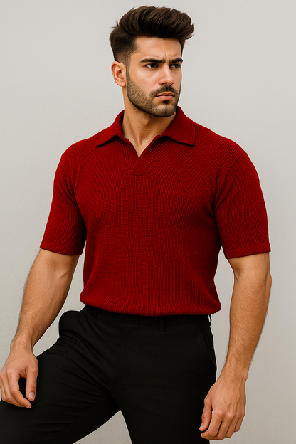 Waffle Knitted Polo - Maroon