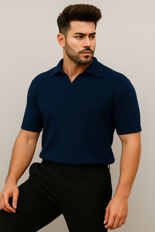 Waffle Knitted Polo - Navyblue