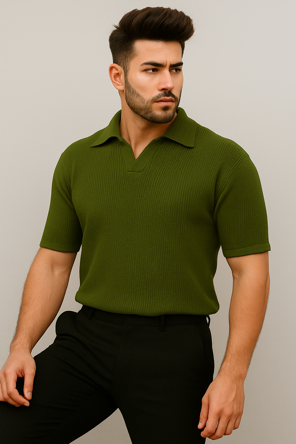 Waffle Knitted Polo - Olive