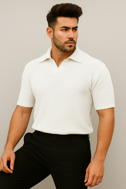 Waffle Knitted Polo - White