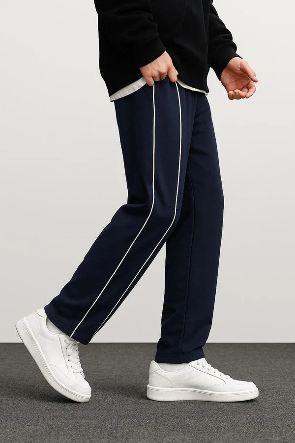 Mens Trouser With White Strips- navy