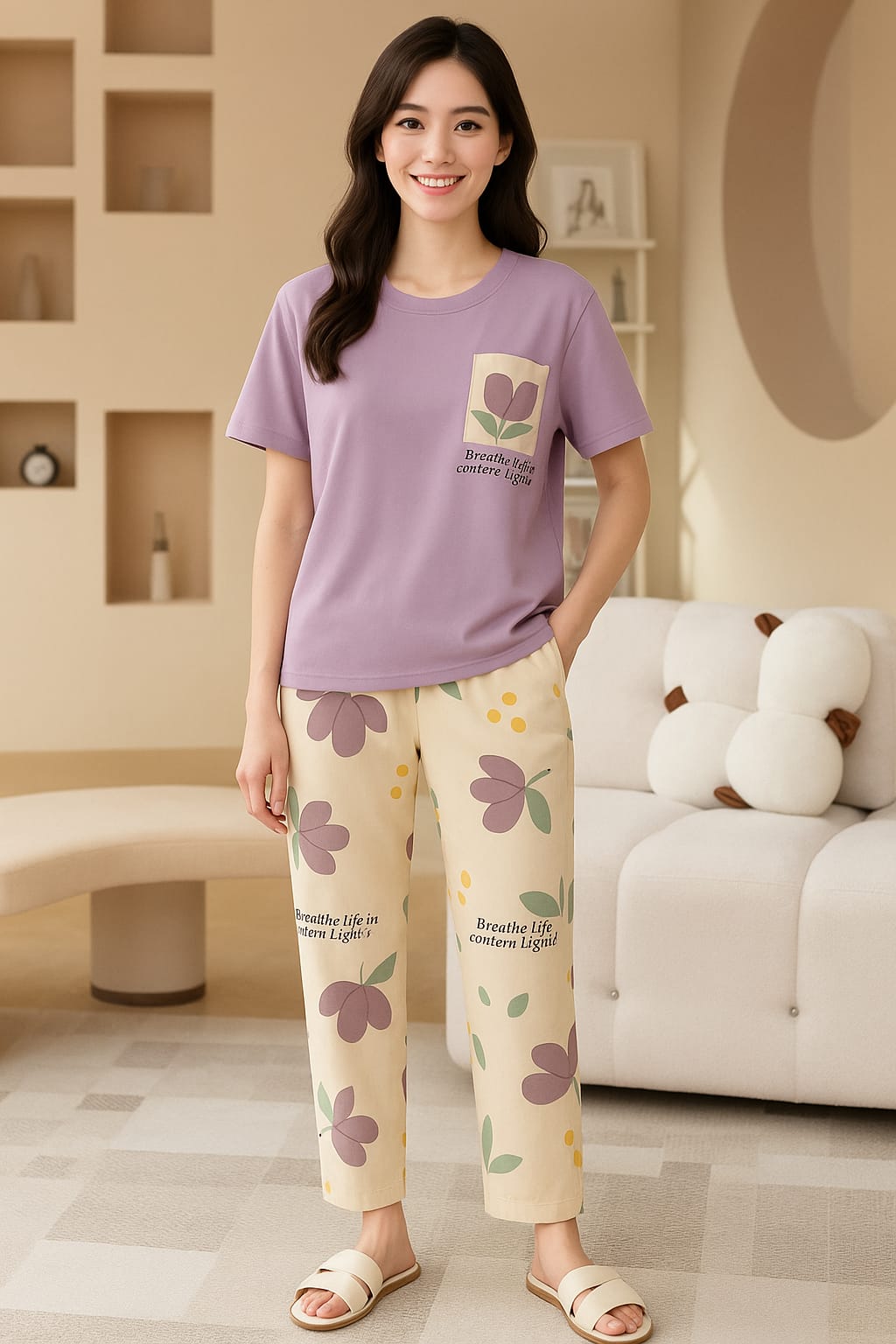 POCKET FLOWER NIGHT SUIT - LILAC