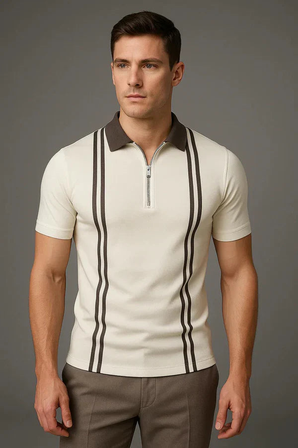 Zipper Striped Polo Shirt - White