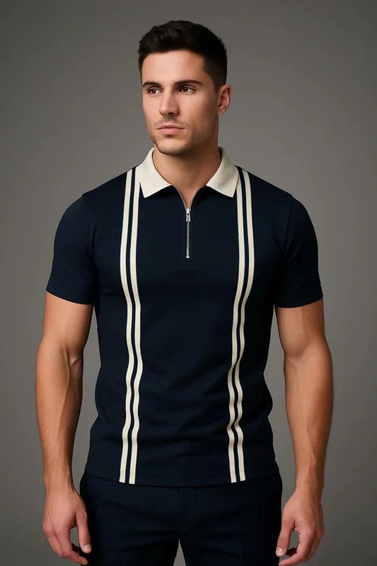 Zipper Striped Polo Shirt - Navyblue