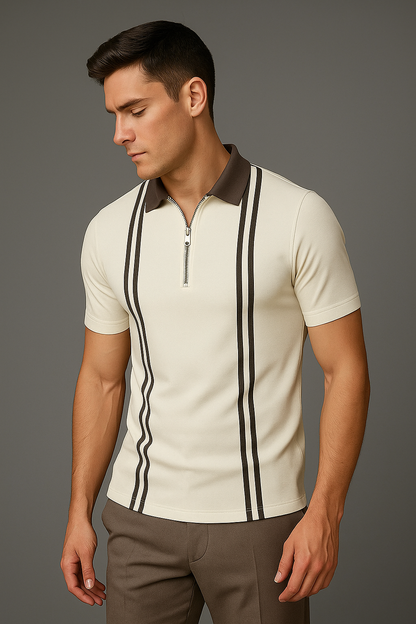 Zipper Striped Polo Shirt - White