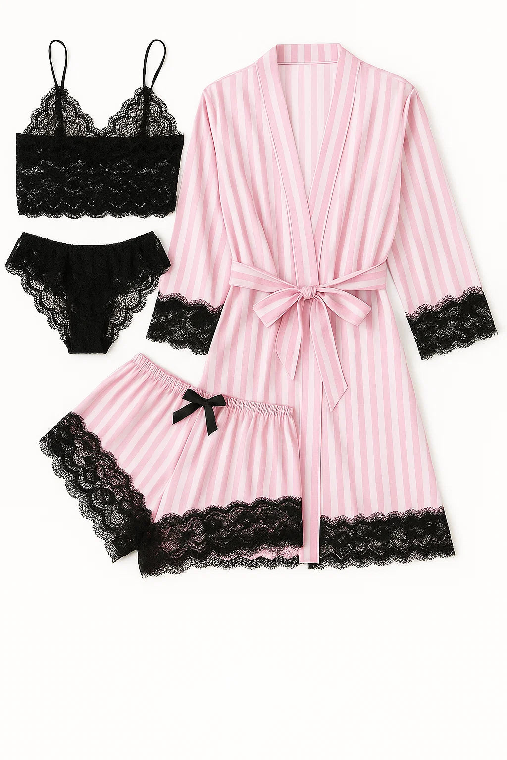 Royal Bridal Silk 4pcs set - White Pink Stripe